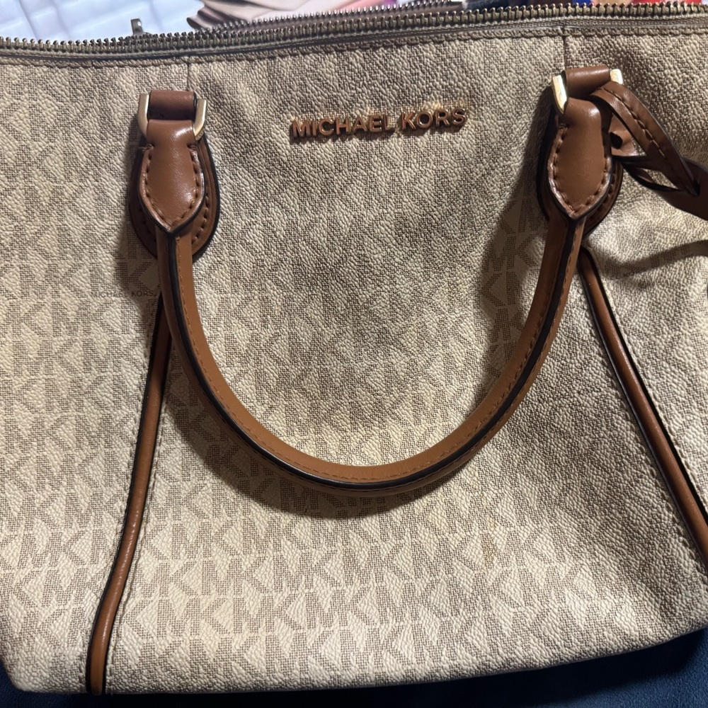 Michael Kors Signature MK Logo Satchel in Beige and Brown